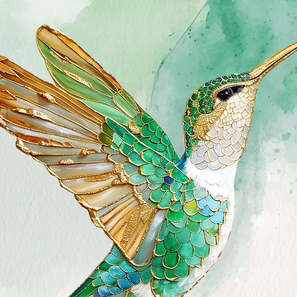 Hummingbird Art on Canvas Gold and Green Square Oil Painting Print Tropical Bird Caribbean Nature Art Print Delicate Luxury Art for Bedroom