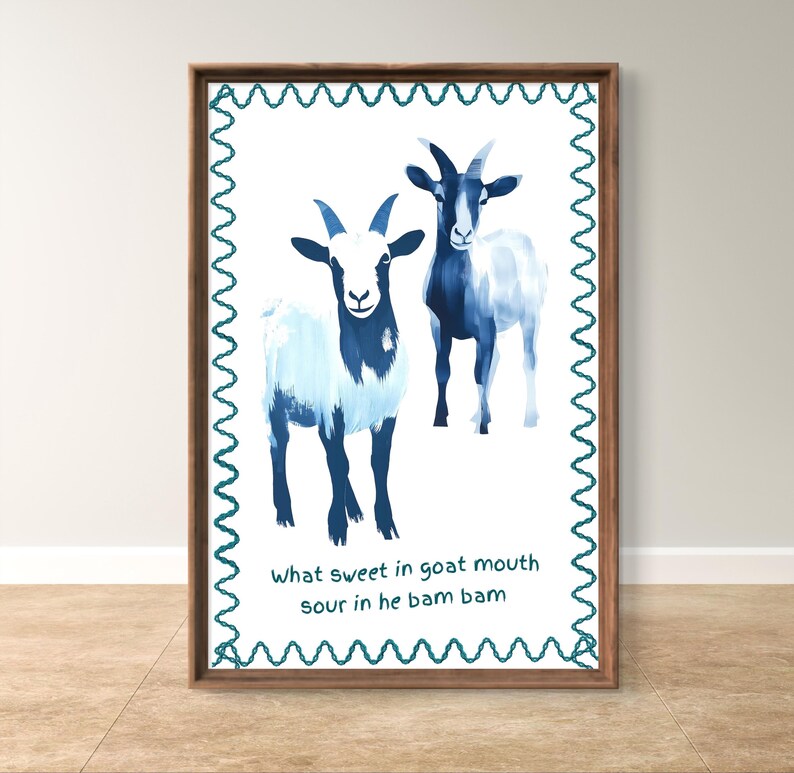 Caribbean Proverb Poster, Goat Illustration Blue Border, Jamaican Decor
