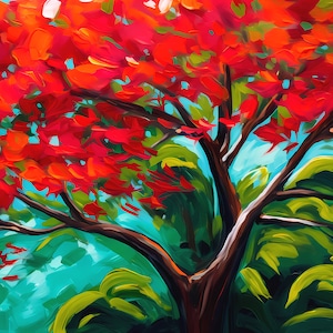 Flamboyant Tree Print, Tropical Print, bright Colours, red and green, Caribbean flora art, Caribbean wall art