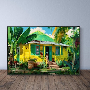 Painting of Caribbean Chattel House, Caribbean Art Print Gift or Home, Silk Poster Print with Gloss or Matte Giclee, Caribbean Wall Decor