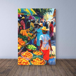 Caribbean Market Scene Vertical Wall Art Afro Caribbean Street Life with Tropical Fruit and Colourful Hats