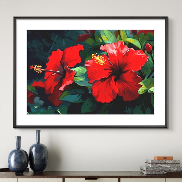 Impression d'hibiscus rouge : impression d'affiche florale tropicale de la beauté des fleurs des Caraïbes sans cadre