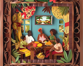 Caribbean Family Dinner Papercut-Style Wall Art - Authentic Island Scene with Traditional Food Wooden Frame Design Jamaica St Lucia Grenada