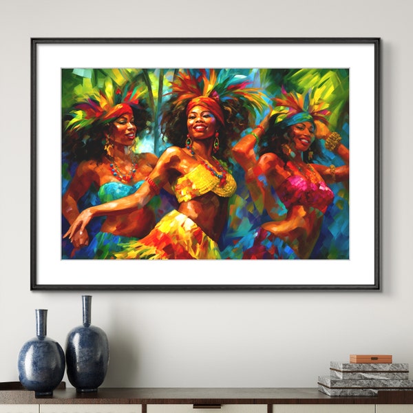 Caribbean Carnival Art: Three Women Dancing in Vibrant Costume  in Trinidad Jamaica Grenada St Lucia or Antigua Giclee Print or Silk Finish