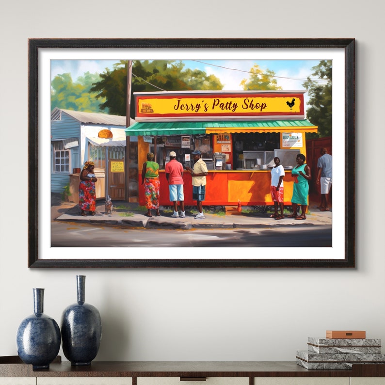 May include: A colorful painting of a Jamaican patty shop called "Jerry's Patty Shop". The shop has a yellow and orange facade with a green awning. There are people standing in line to order food.