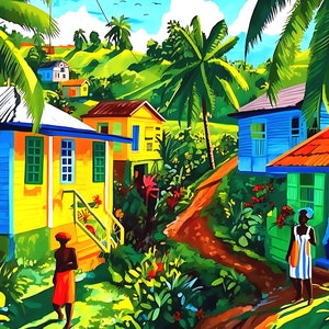 Dominica Art, Caribbean Wall Decor, Caribbean Art Print, Gift for Dominican, village close to Marigot in Northern Dominica, Caribbean Prints
