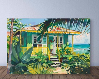 Caribbean House Print Green Painted Wooden Island House Grenada St Lucia Jamaica or Dominica