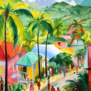 Jamaica Art, Village with Coconut Trees, Houses, Caribbean Island Print, Jamaican Painting Gift for Caribbean