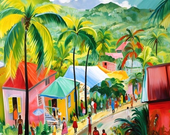 Jamaica Art, Village with Coconut Trees, Houses, Caribbean Island Print, Jamaican Painting Gift for Caribbean