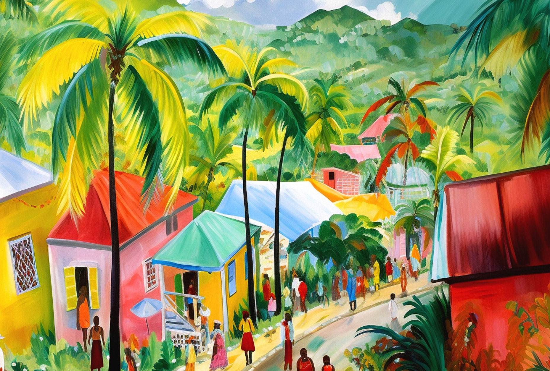 Jamaica Art, Village With Coconut Trees, Houses, Caribbean Island