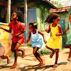 Black Girls Playing in Caribbean Street Poster Print
