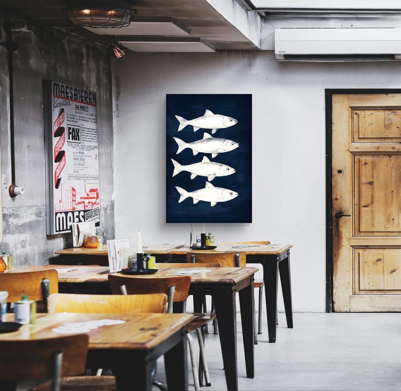 Nautical Print of White Fish on Navy Background Kitchen Wall Decor