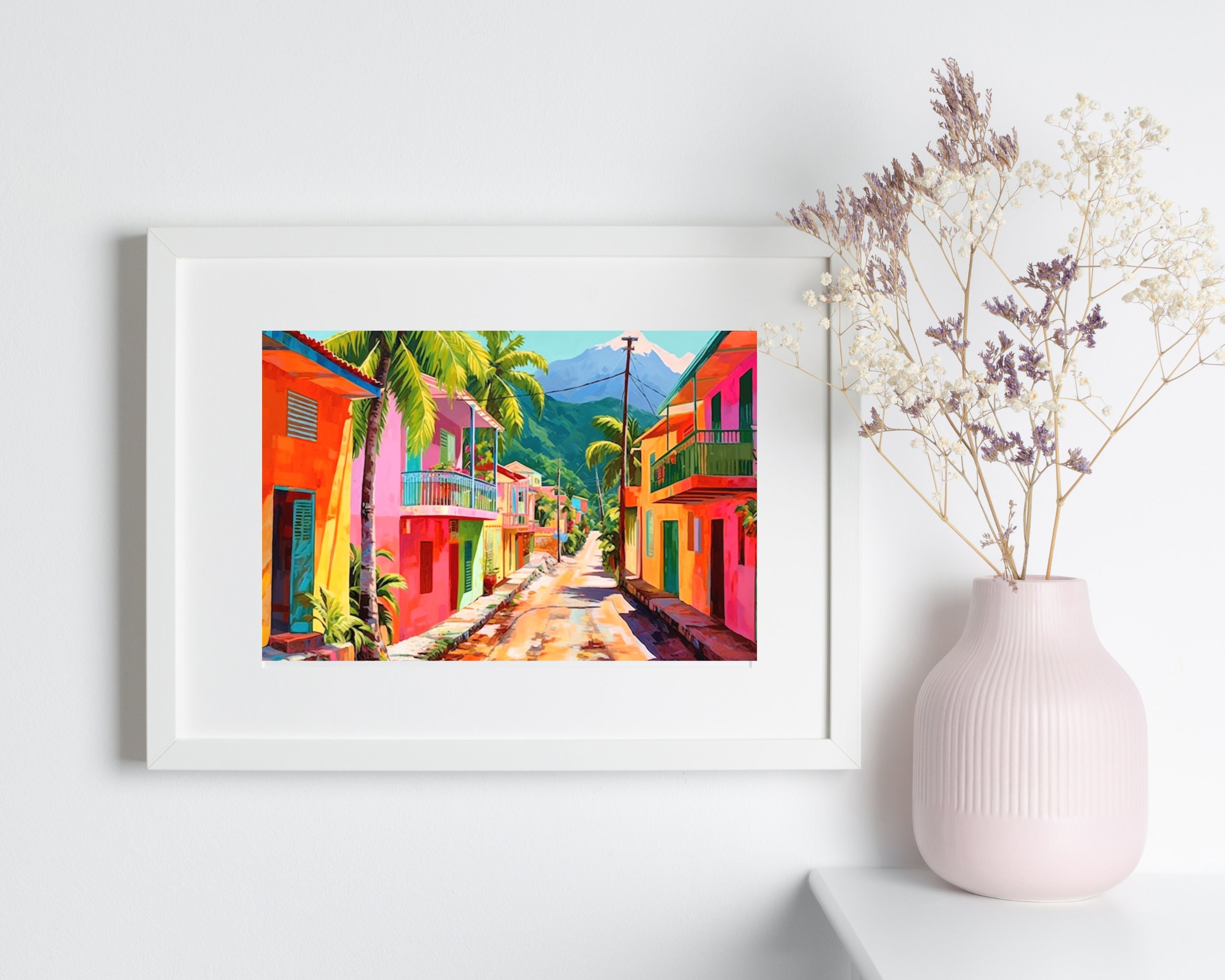 Caribbean Canvas of Colourful Village in Dominica or Jamaica or