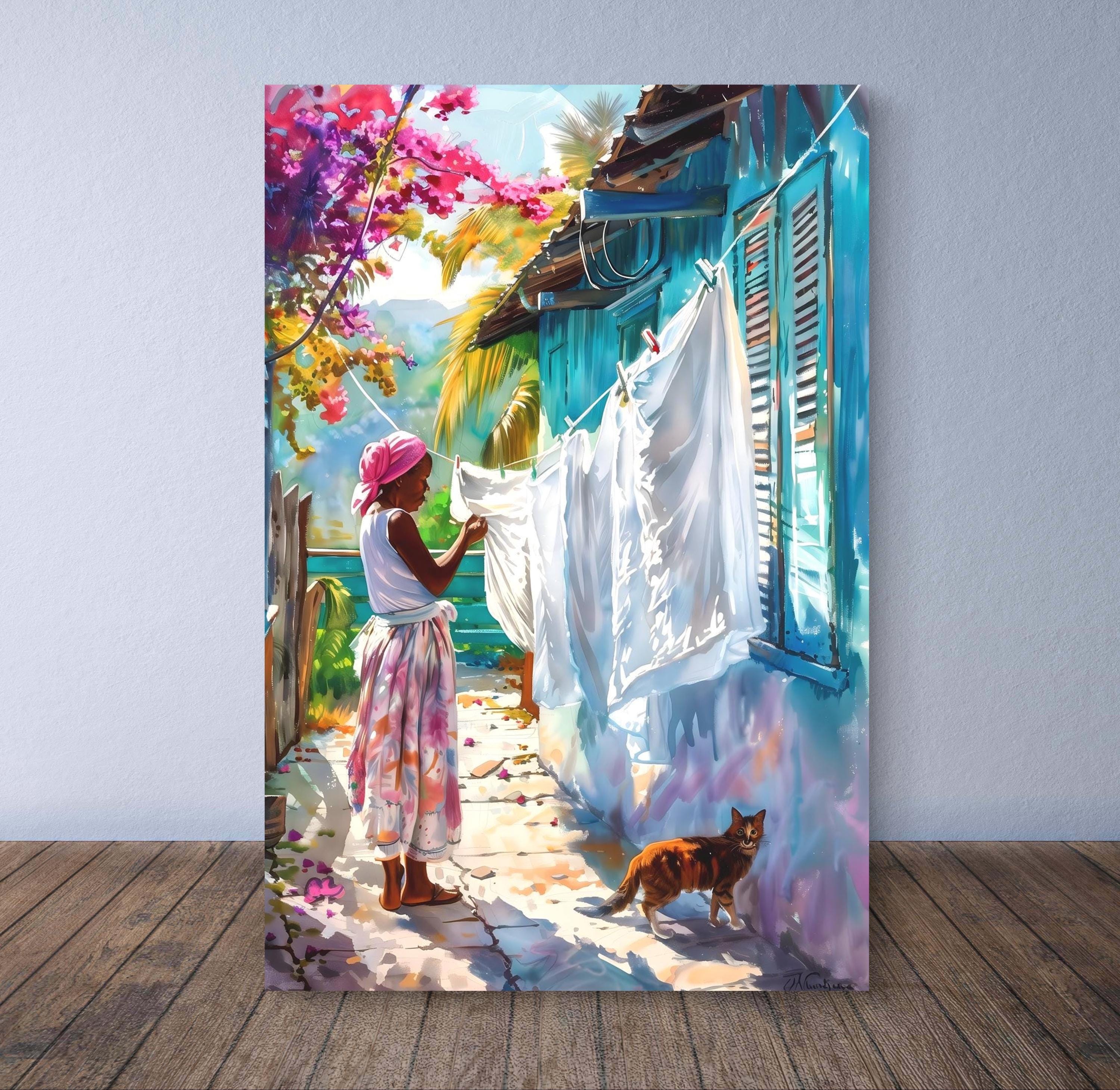 Afro Caribbean Laundry Day Wall Art, Black Woman Hanging Sheets with Cat, Tropical Island Print for Boho Home Decor