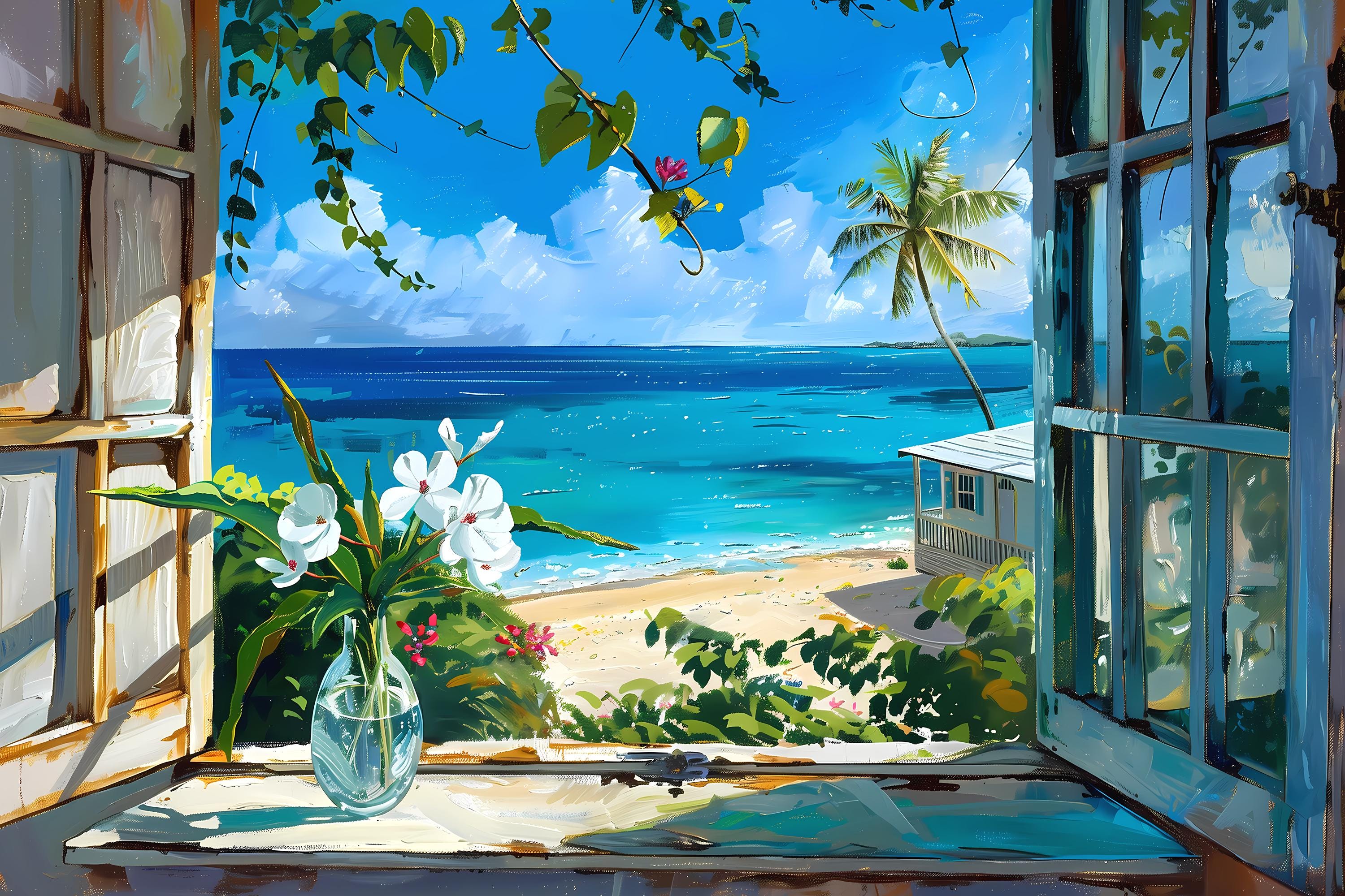 Caribbean Beach View Art Print: Tropical Ocean Window Scene Coastal ...