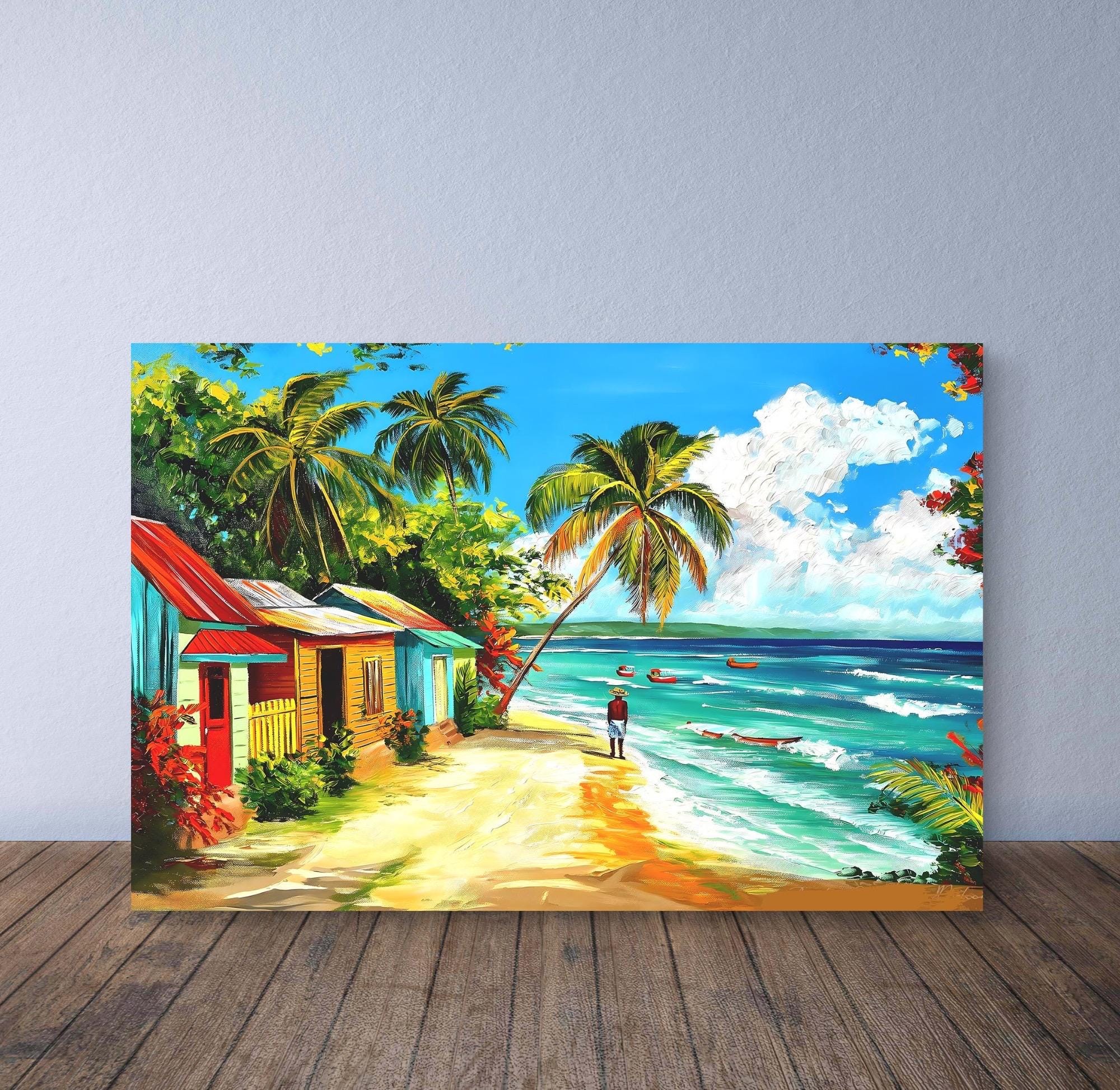 Caribbean Beach Scene Poster Colourful Island Houses & Ocean View