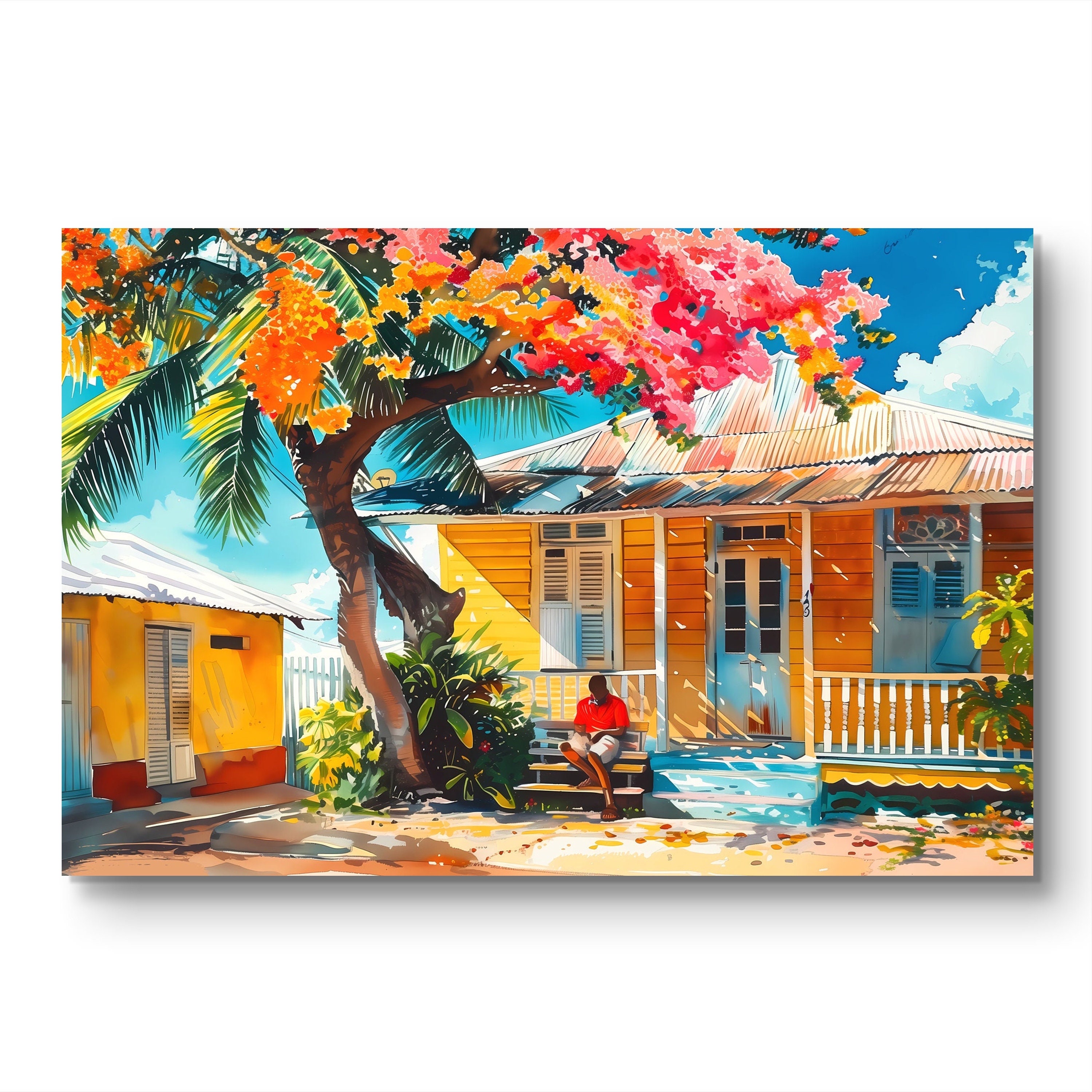 Grenada Artwork Poster Print of Caribbean House With Mango Tree