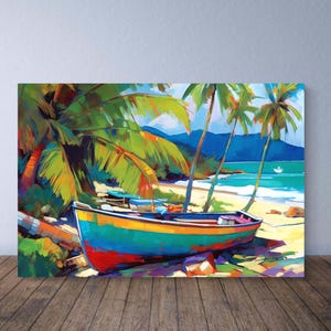 Caribbean Beach with Fishing Boat, Caribbean Wall Decor, Jamaica Art, Painting of West Indies, Caribbean Wooden Boat on Beach Print Poster