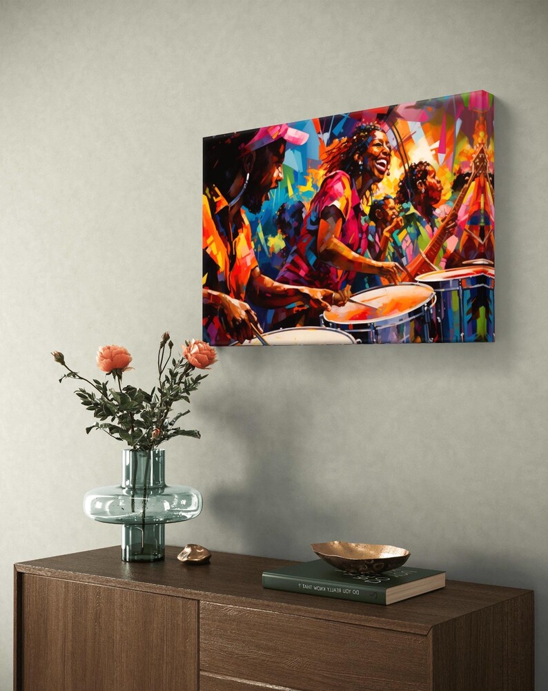 May include: A vibrant, abstract painting on canvas depicts a band playing music. The artwork features musicians playing drums and guitars, with bright colors like orange, blue, and pink. The painting is mounted on a wall above a wooden cabinet.