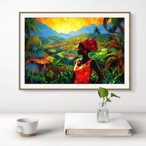 Haitianische Wandkunst: Serene Black Lady in Orange inmitten der gebirgigen Schönheit Haitis Haiti Poster Druck
