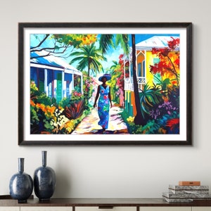 Caribbean Art, Black Woman Art, Caribbean Wall Decor, West Indian Lady, Caribbean Houses, Black Gift, Caribbean Poster, Tropical Decor
