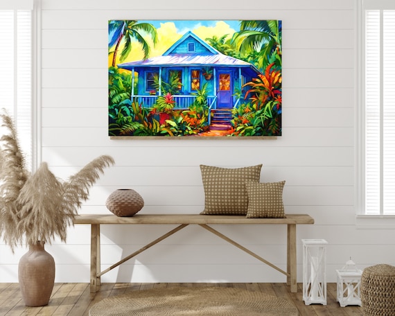 Blue Caribbean House in This Tropical Painting, Caribbean Chattel House,  Grenada, Jamaica, Tobago, St Lucia Art, Caribbean Wall Decor Poster 