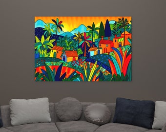 Poster Print Colourful Houses, Caribbean Homes on the Hillside, Wall Art,  Tropical, West Indies, Office Art, Folk Art, Living Room 