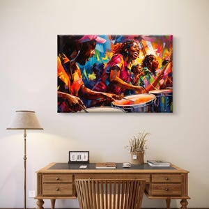 May include: A vibrant, colorful painting depicts a musical ensemble. The artwork showcases musicians playing drums and other instruments with joyful expressions. The painting uses bold brushstrokes and a rich palette of reds, oranges, blues, and yellows, creating a lively and energetic scene.