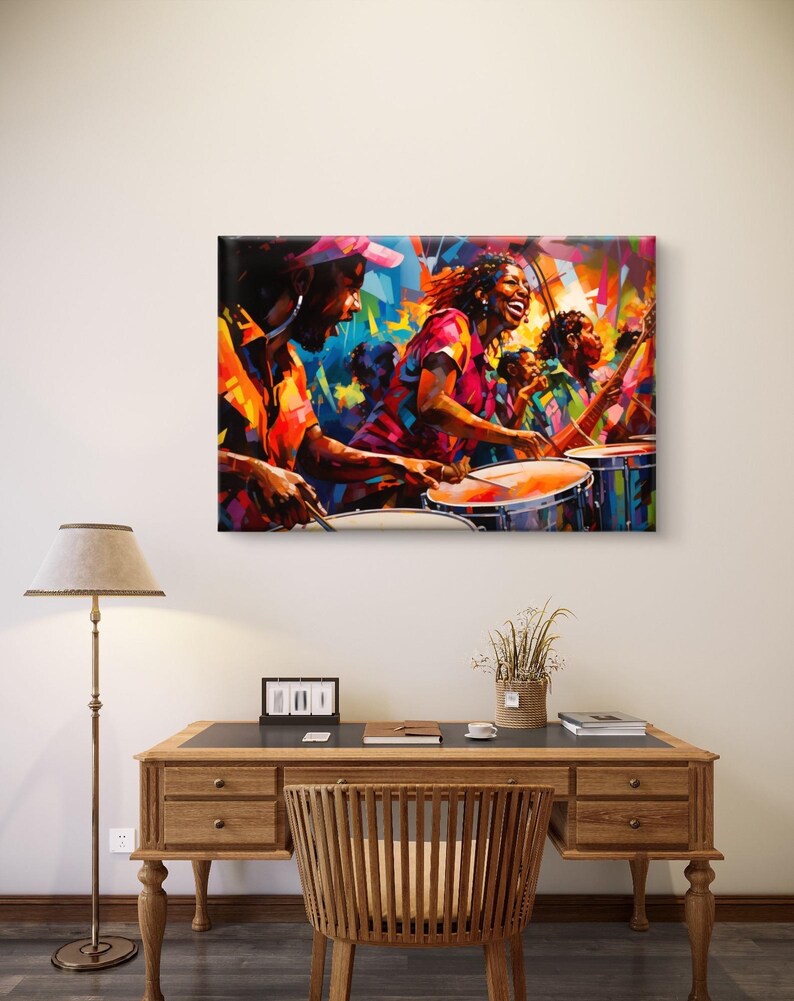May include: A vibrant, colorful painting depicts a musical ensemble. The artwork showcases musicians playing drums and other instruments with joyful expressions. The painting uses bold brushstrokes and a rich palette of reds, oranges, blues, and yellows, creating a lively and energetic scene.