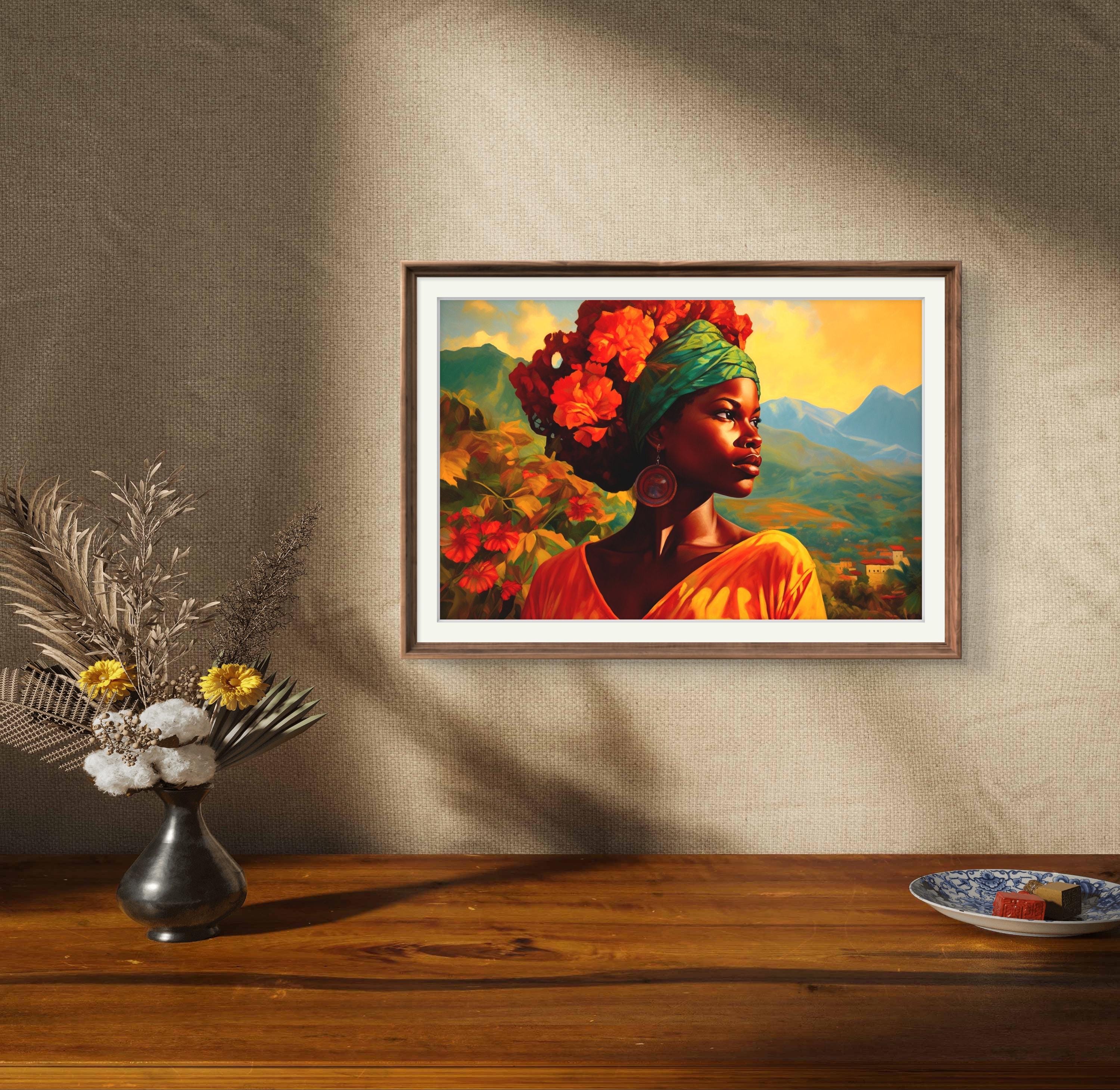 (取寄) リベール レディース ハイチ Revere women Haiti Black  Haitian Art Print: Graceful Woman Amidst Haiti's Scenic Beauty of