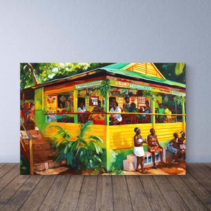 Jamaican Painting Print on Silk Poster or Giclee Print of Sunday at the Rum Shop Bar in Jamaica, Caribbean