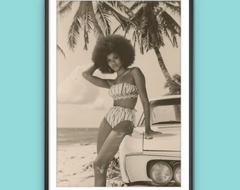 Vintage 70er Jahre schwarze Frau Strand Fotografie Druck | Afro Beauty Glamour Wandkunst