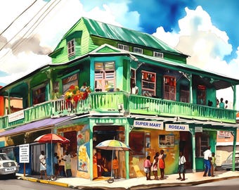 Roseau Dominica Art Print – Karaibska scena uliczna, obraz tropikalnego miasta, grafika na dominikańskim targu, dekoracja ścienna wyspy
