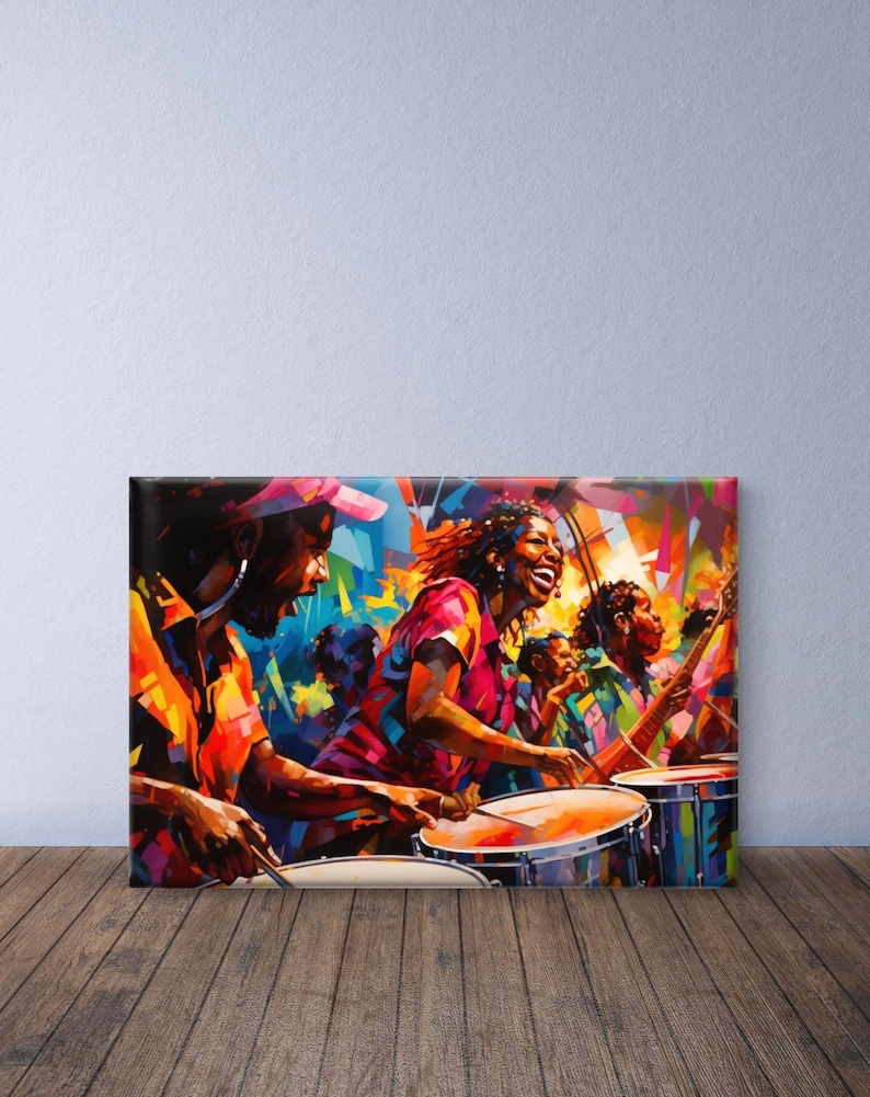May include: A vibrant painting depicts a musical ensemble. The artwork showcases musicians playing drums and guitars, with a lively use of color. The painting's style is expressive, capturing the energy of a performance.