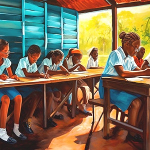 Caribbean Classroom Art: Schoolchildren Studying at Desks West Indies Kids at School in Grenada Jamaica or St Lucia