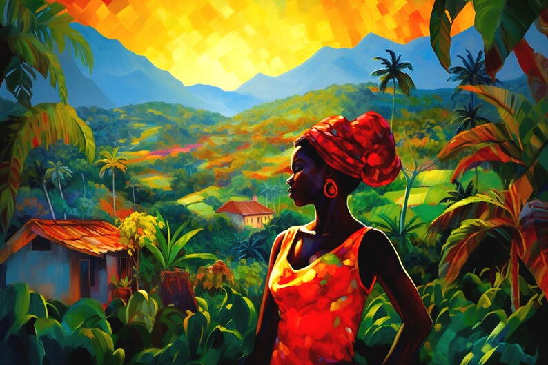 Haitian Wall Art Serene Black Lady in Orange Amidst Haiti's