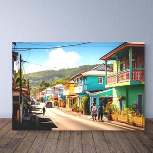 Pottersville Dominica Wand Kunst Druck | Bunte Karibik Straßenszene | Tropische Insel Architektur Poster