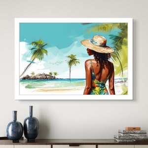 Caribbean Beach Print of West Indian Lady Looking Out to Sea - Peaceful Art