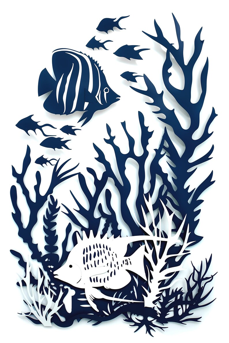 Nautical Fish Poster, Home Beach House Decor, Navy Blue White Angel