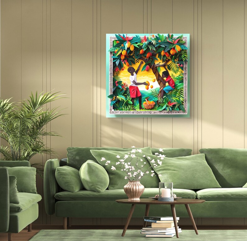 Caribbean Mango Tree Art Print on Canvas- Papercut Style Collage of ...