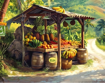 Caribbean Fruit Stall Poster, Jamaican Village Fruit Stand, Customisable Art with Your Name or Words, Perrsonalised Art Caribbean Art Poster