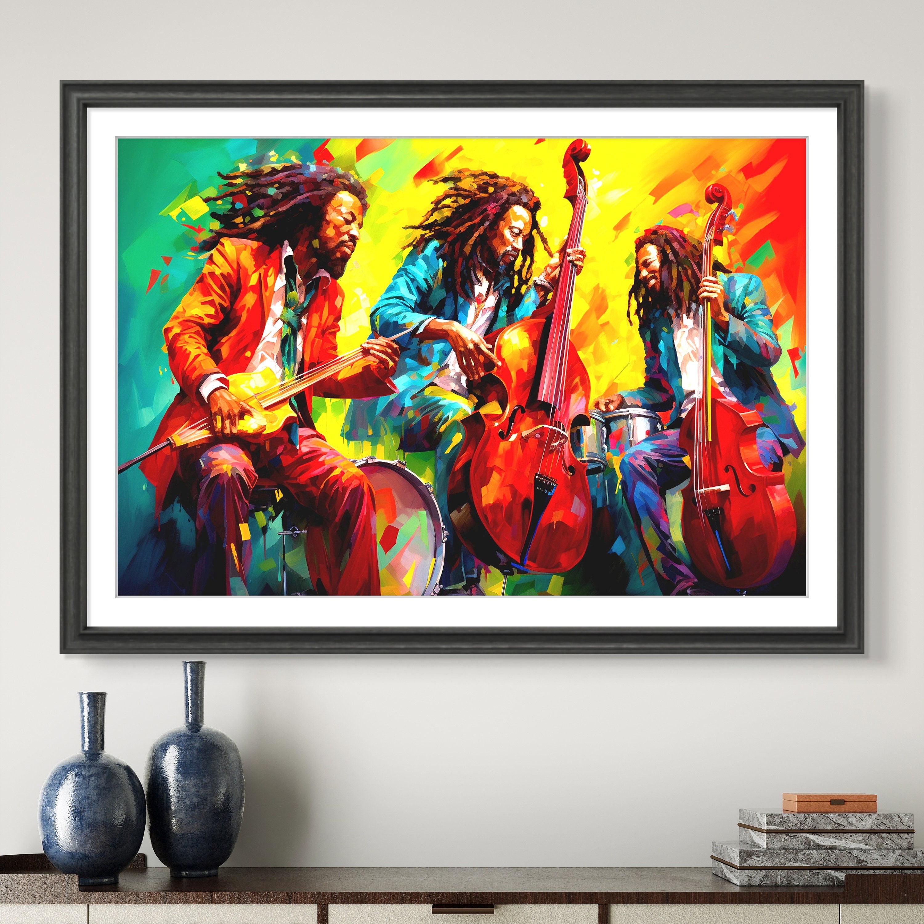 Painting of Reggae Band Playing Music in Red, Gold and Green, Music Art ...