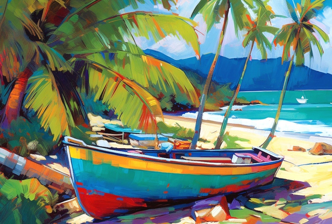 カリブ海のビーチキャンバスに描かれた大型ボートのアート 36x24