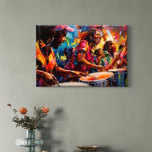 May include: Vibrant abstract painting of a musical ensemble. The artwork depicts musicians playing drums and other instruments with joyful expressions. The color palette includes bright oranges, pinks, blues, and yellows, creating a lively and energetic scene.