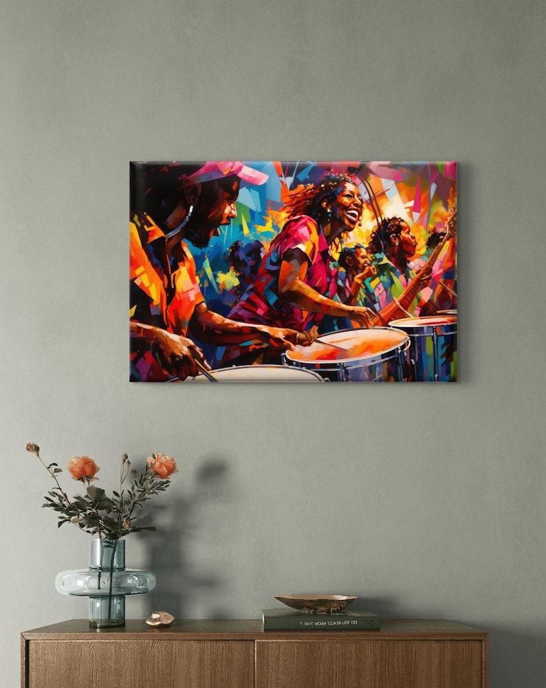 May include: Vibrant abstract painting of a musical ensemble. The artwork depicts musicians playing drums and other instruments with joyful expressions. The color palette includes bright oranges, pinks, blues, and yellows, creating a lively and energetic scene.