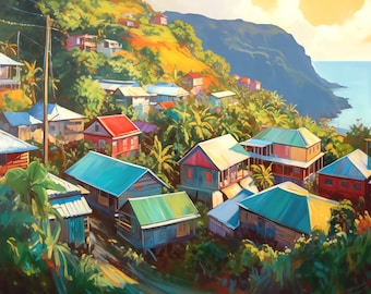 Dominica Art - Painting of Houses on the Hillside on the East Coast of Dominica