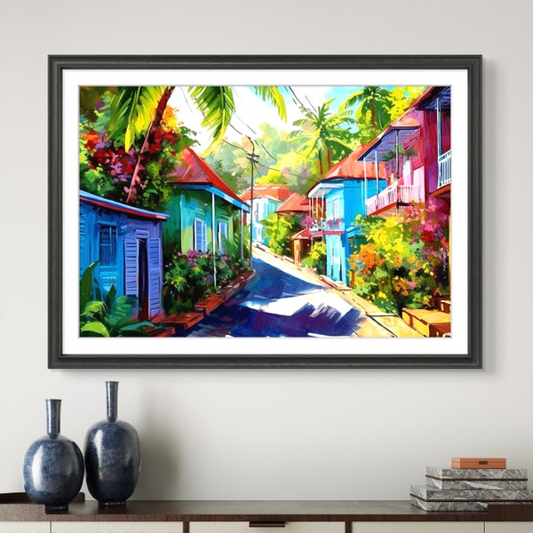 Caribbean Lane Art Print for Wall Decor, Jamaica Art Print, Caribbean Print Shop, Poster Print Framed or Rolled or Canvas, Caribbean Art