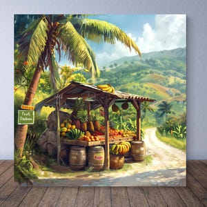 Jamaican Countryside Fruit Stall Canvas Caribbean Fruit Market Square Art with Baba&#39;s Fruit Dasheen Sign - Can Be Personalised Custom Art