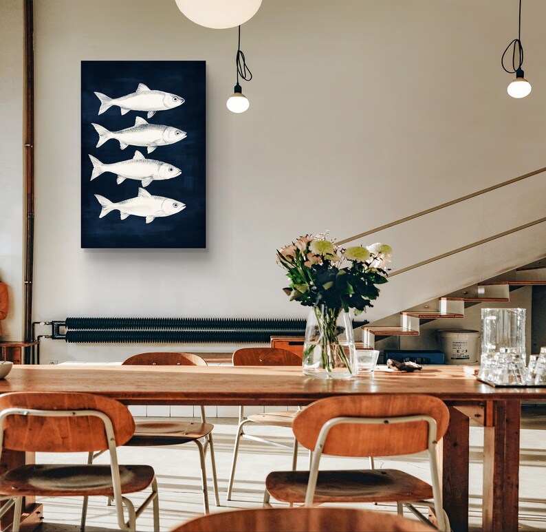 Nautical Print of White Fish on Navy Background Kitchen Wall Decor