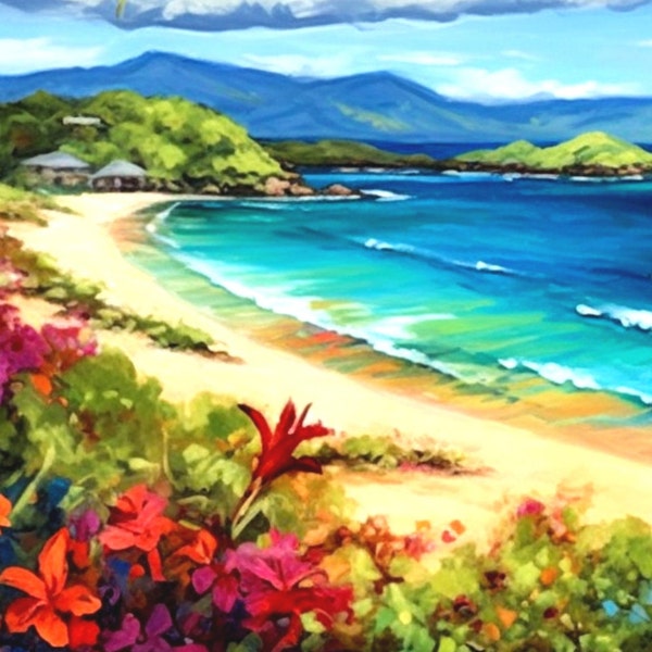 Art de Tobago, paysage marin des Caraïbes, paysage de plage des Caraïbes, plage fleurie, art mural des Caraïbes, art des Antilles, plage tropicale, art de la belle plage